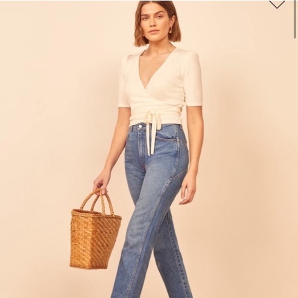 REFORMATION Rosebud Ribbed Wrap Top In Ivory - Picture 2 of 7